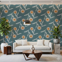 Modern sitting area styled in Cozy Scandi Flower Nordic Blue Grey wallpaper backdrop, GD8614
