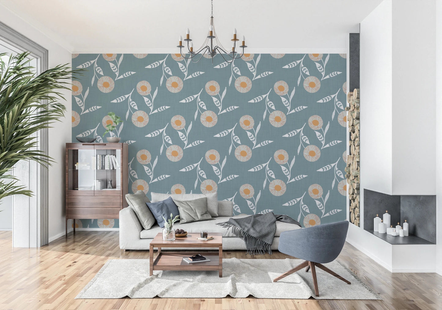 Living room setup with Cozy Scandi Flower Nordic Blue Grey wallpaper and crib space, GD8614