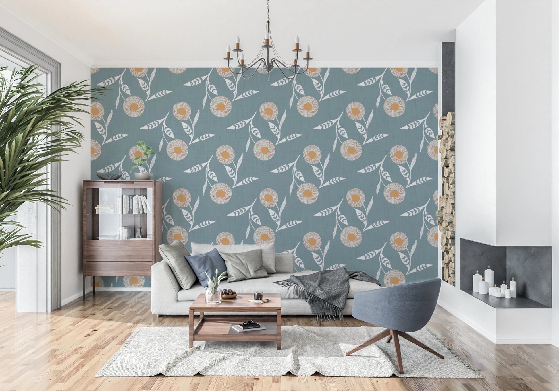 Living room setup with Cozy Scandi Flower Nordic Blue Grey wallpaper and crib space, GD8614