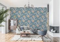 Living room setup with Cozy Scandi Flower Nordic Blue Grey wallpaper and crib space, GD8614
