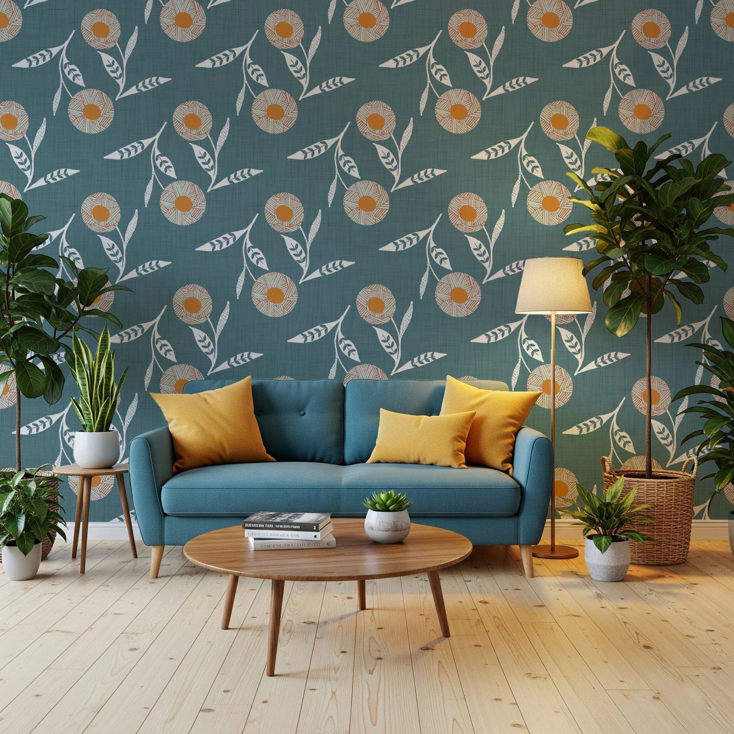 Reading nook area enhanced by Cozy Scandi Flower Nordic Blue Grey wallpaper texture, GD8614