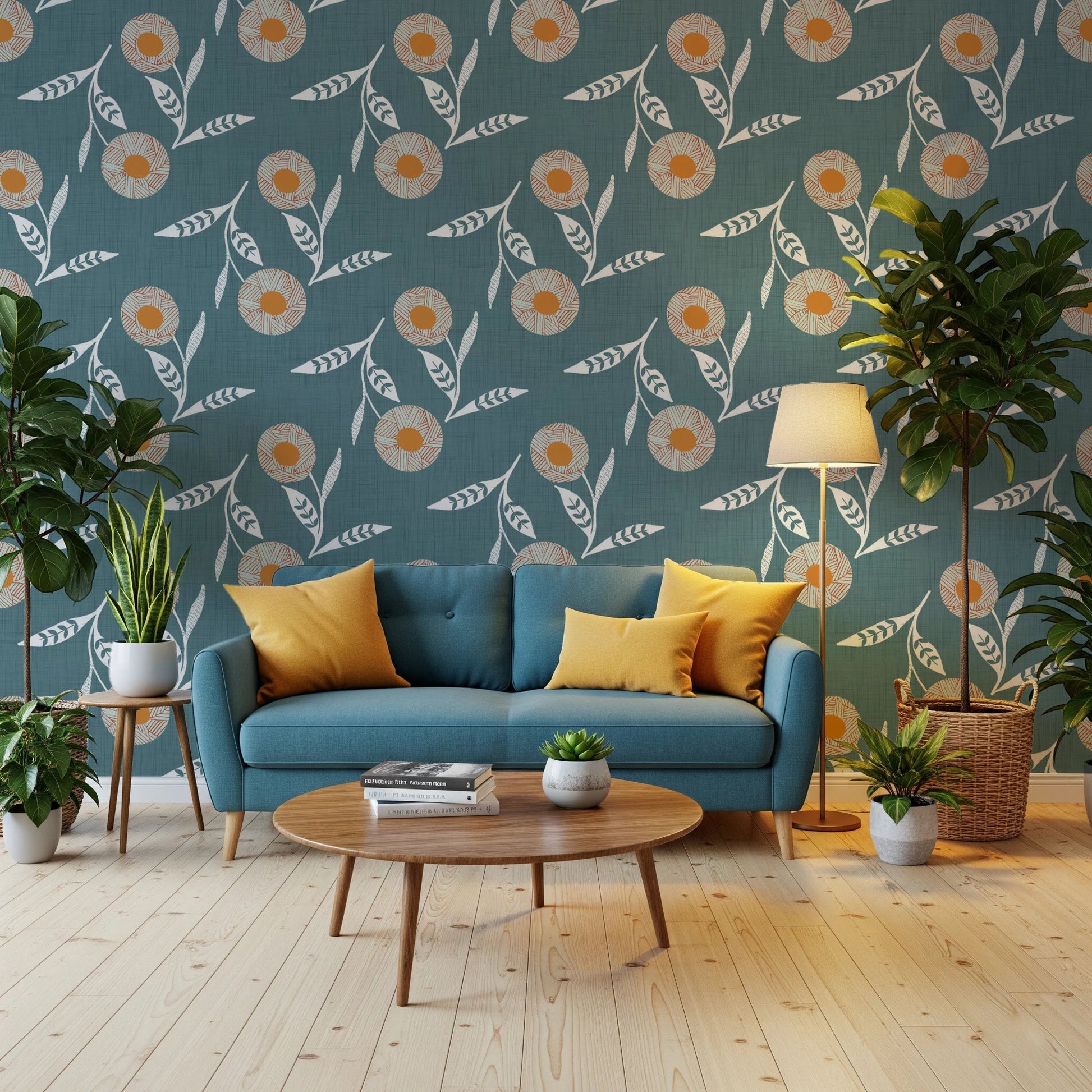 Reading nook area enhanced by Cozy Scandi Flower Nordic Blue Grey wallpaper texture, GD8614