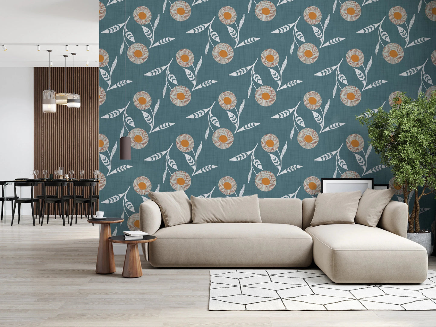 Open space interior using Cozy Scandi Flower Nordic Blue Grey wallpaper across feature wall, GD8614