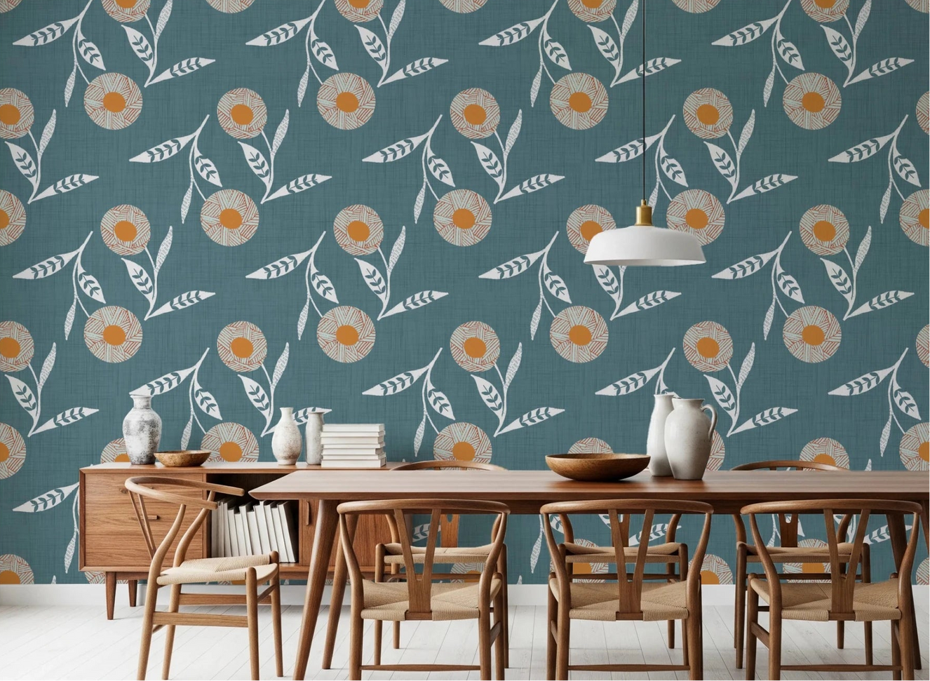 Dining room styled with Cozy Scandi Flower Nordic Blue Grey wallpaper and wood table setup