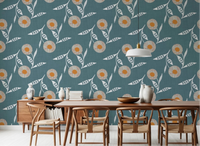Dining room styled with Cozy Scandi Flower Nordic Blue Grey wallpaper and wood table setup, GD8614