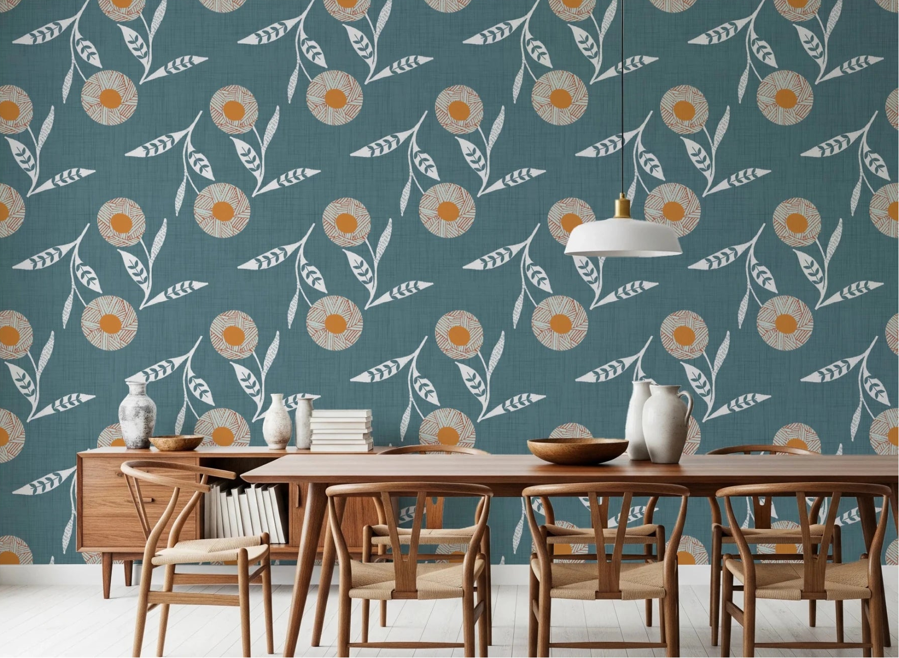 Dining room styled with Cozy Scandi Flower Nordic Blue Grey wallpaper and wood table setup, GD8614
