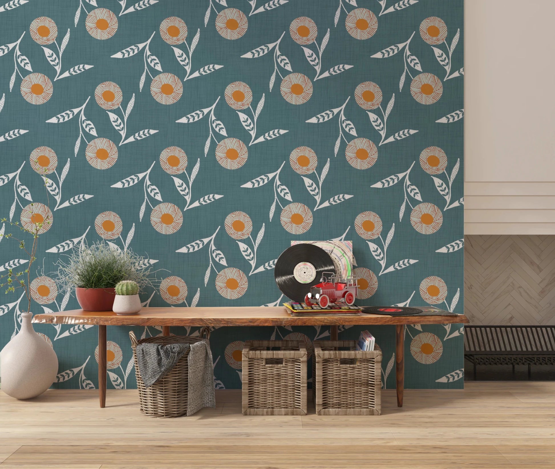Minimal living room featuring Cozy Scandi Flower Nordic Blue Grey wallpaper behind sofa, GD8614