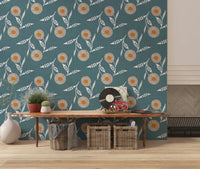 Minimal living room featuring Cozy Scandi Flower Nordic Blue Grey wallpaper behind sofa, GD8614