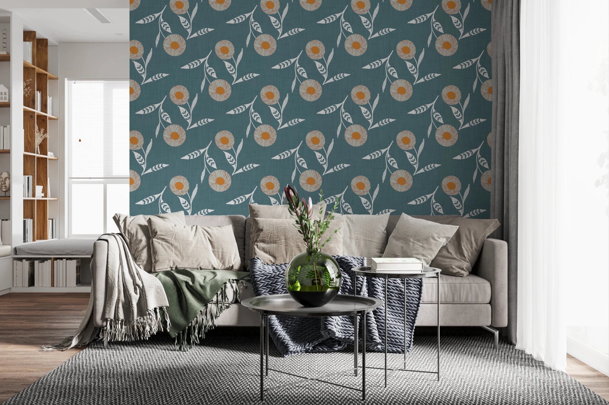 Cozy apartment living space with Cozy Scandi Flower Nordic Blue Grey wallpaper finish, GD8614