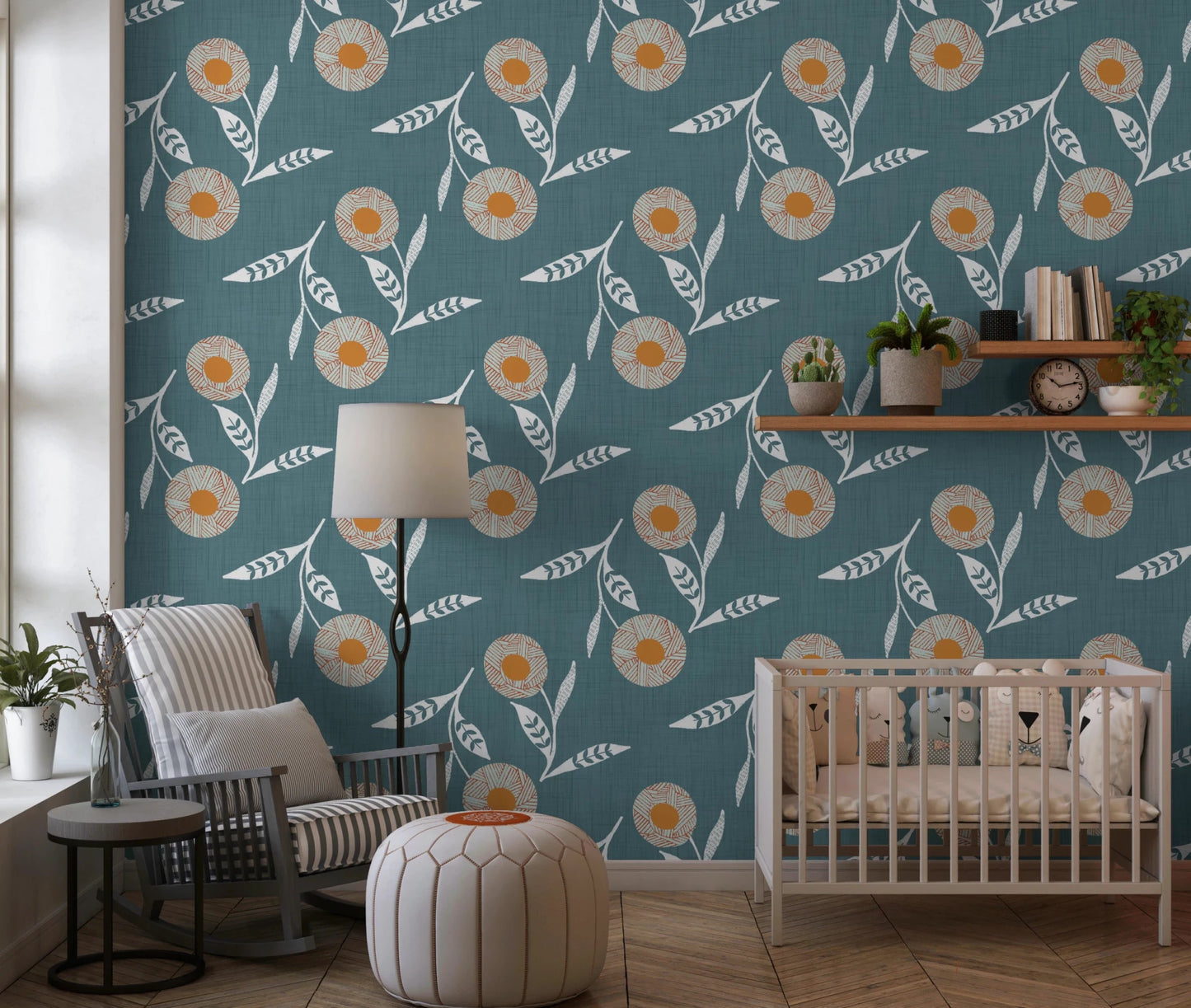 Nursery corner styled using Cozy Scandi Flower Nordic Blue Grey wallpaper calm tones, GD8614