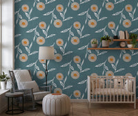 Nursery corner styled using Cozy Scandi Flower Nordic Blue Grey wallpaper calm tones, GD8614