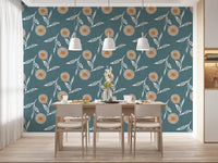Scandinavian Dining room with Cozy Scandi Flower Nordic Blue Grey wallpaper and plants, GD8614