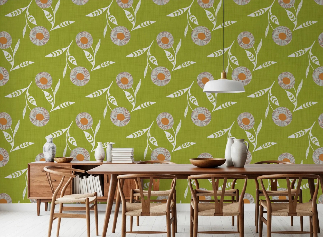 Dining setup highlighted with olive chartreuse floral wallpaper and light wood furniture
