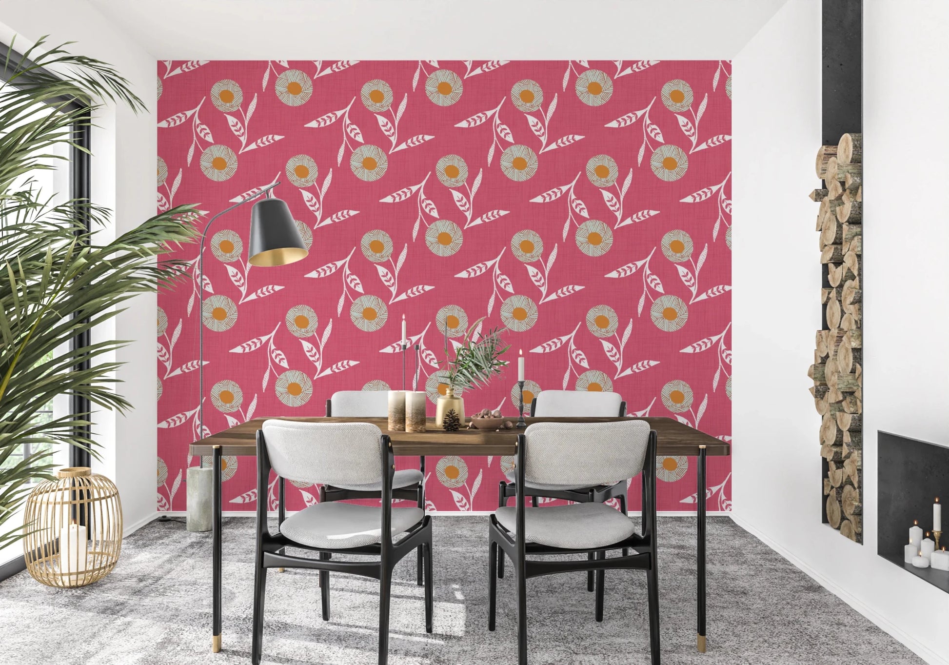 Dining nook wrapped in botanical wallpaper with soft pink warmth and craft detail, GD8619