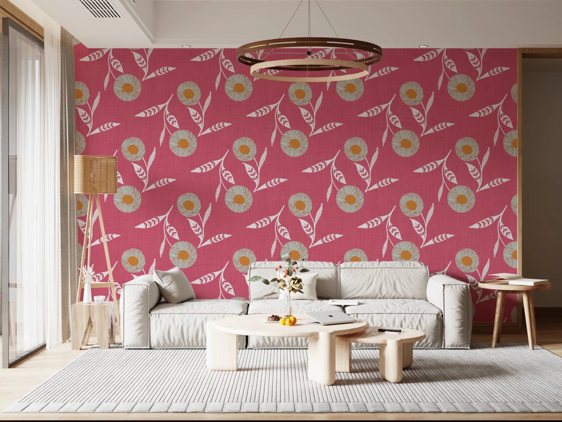 Modern sitting room softened by floral stems and rounded Scandi flower forms, GD8619