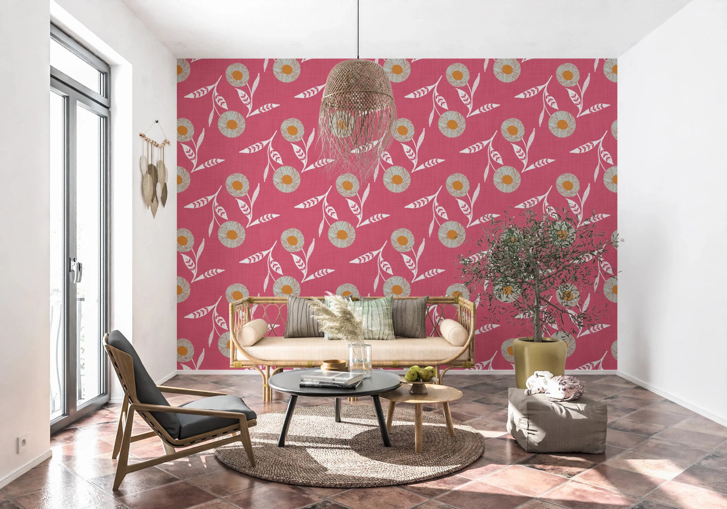 Sunlit lounge corner with playful flower motifs across a rose clay feature, GD8619