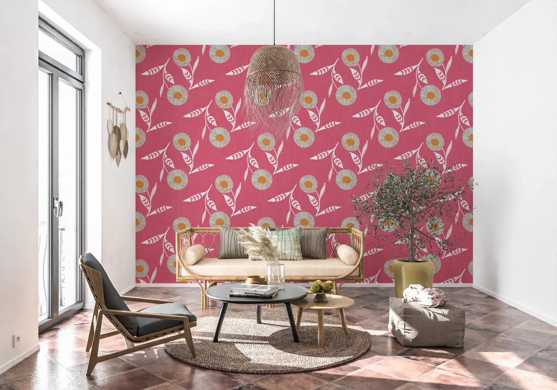 Sunlit lounge corner with playful flower motifs across a rose clay feature, GD8619