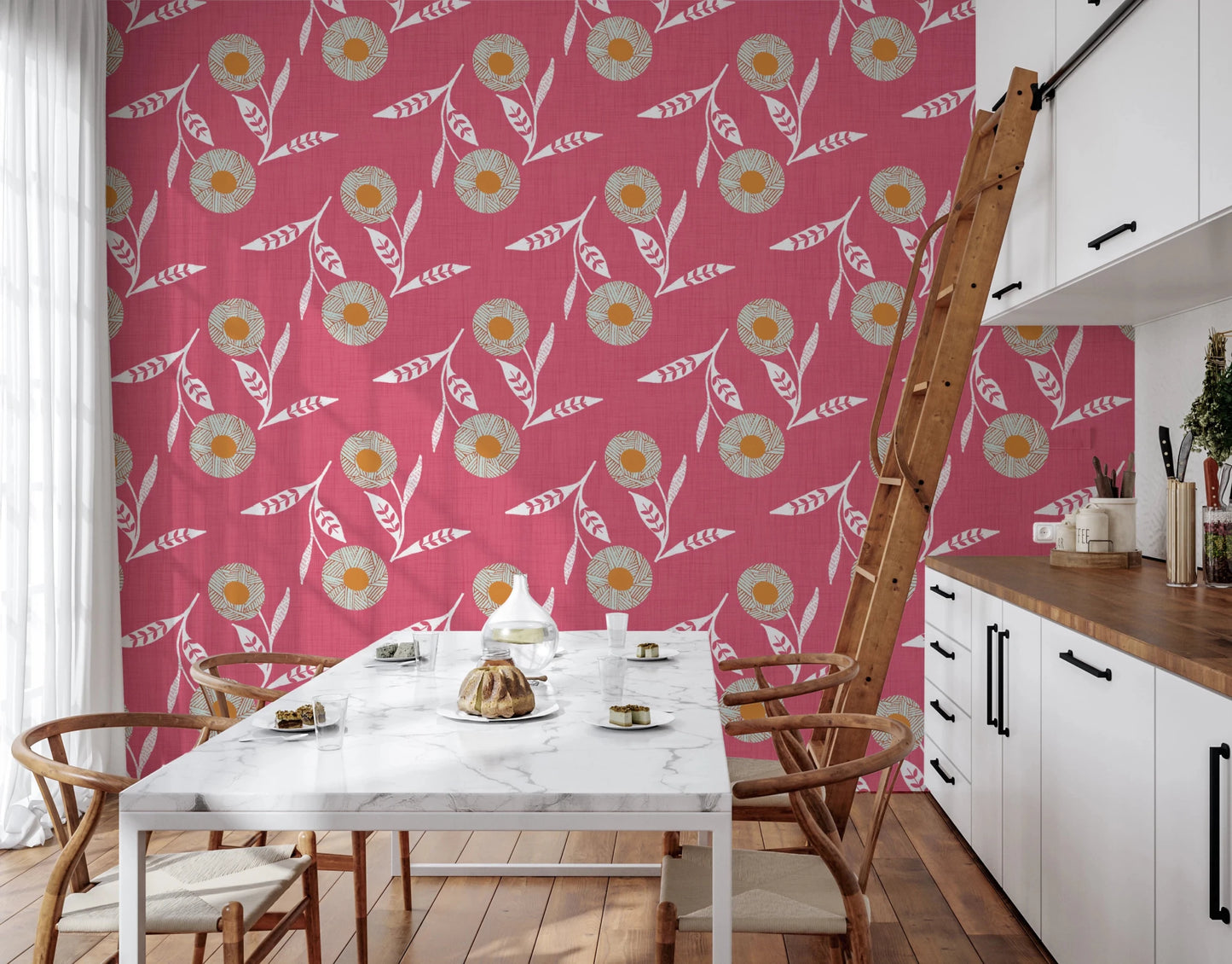 Kitchen dining spot featuring rose clay botanical wallpaper and gentle pattern flow, GD8619