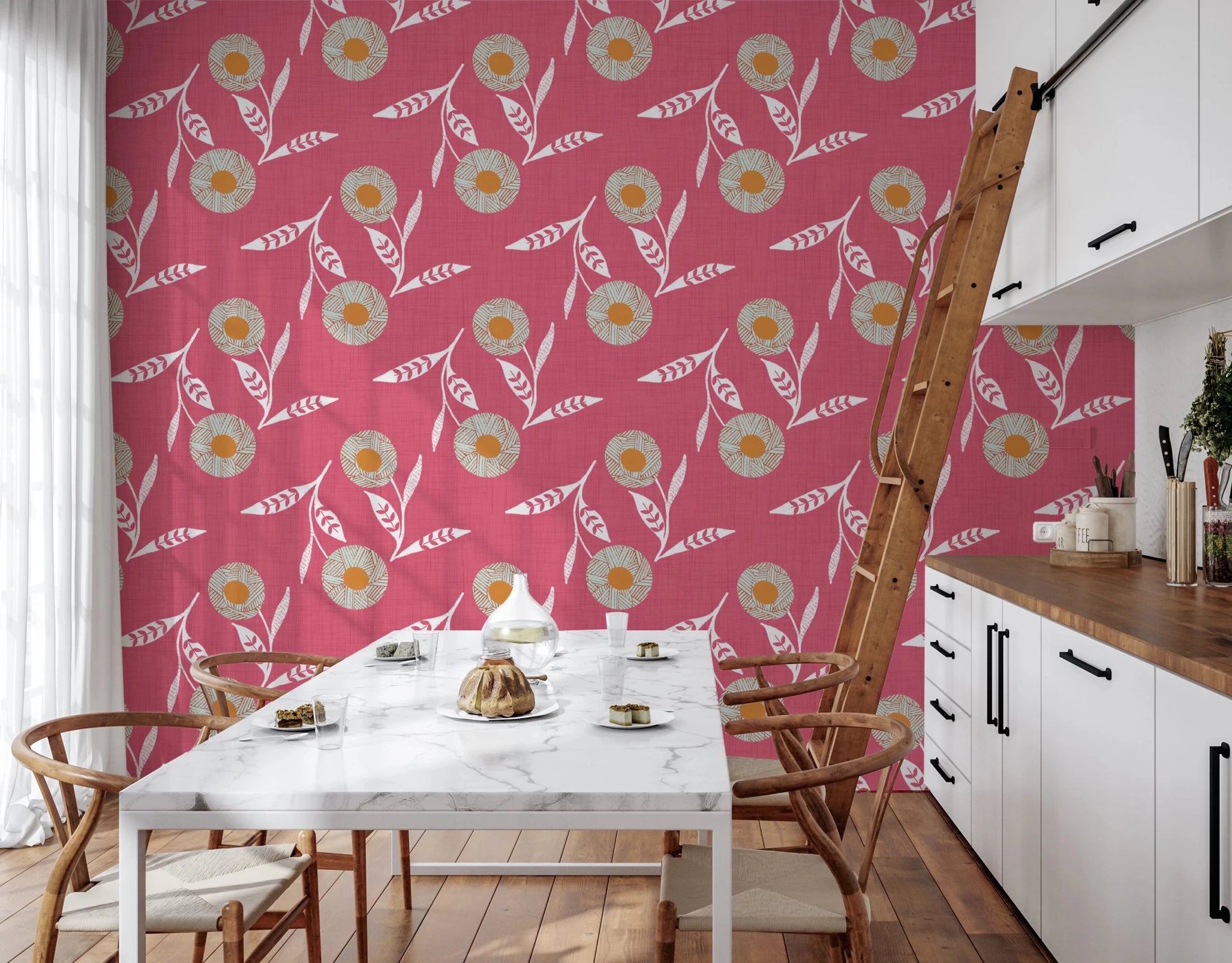 Kitchen dining spot featuring rose clay botanical wallpaper and gentle pattern flow, GD8619