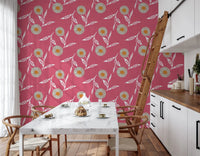 Kitchen dining spot featuring rose clay botanical wallpaper and gentle pattern flow, GD8619