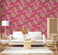 Rose clay floral wallpaper brightening a calm living room with soft woven textures, GD8619