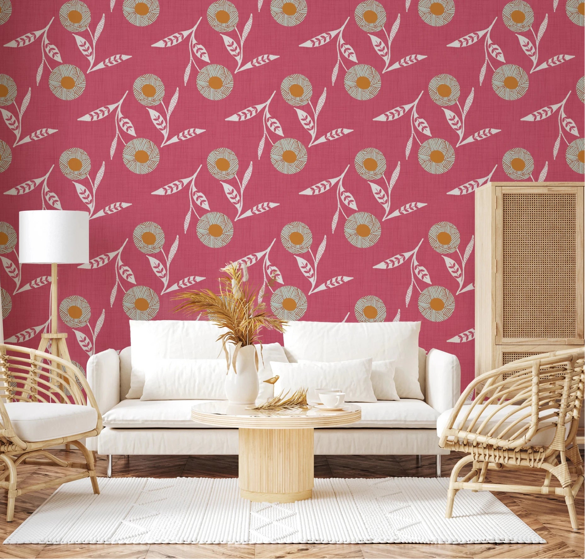 Rose clay floral wallpaper brightening a calm living room with soft woven textures, GD8619