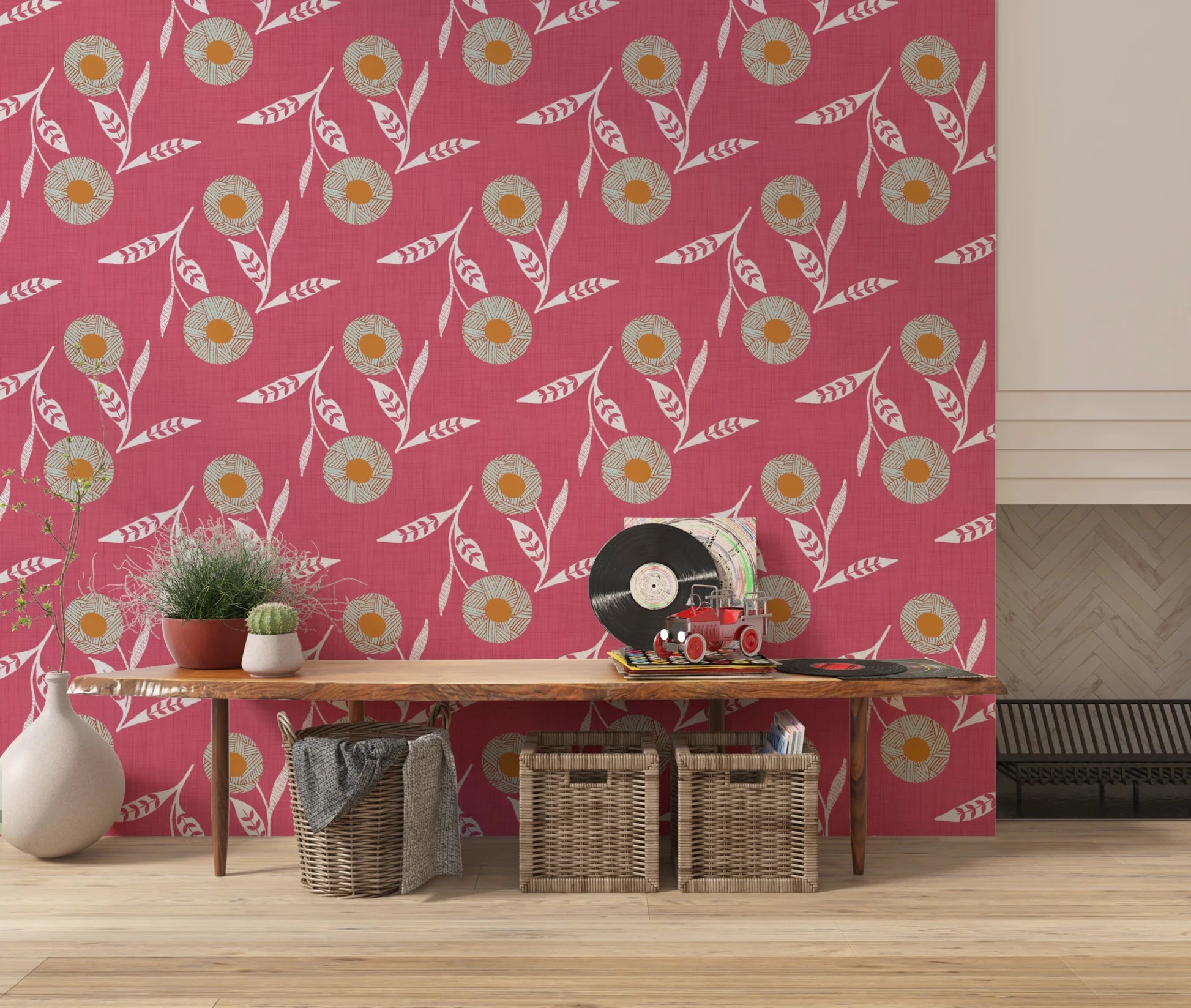 Low console dressed in floral wallpaper with a muted handcrafted look, GD8619