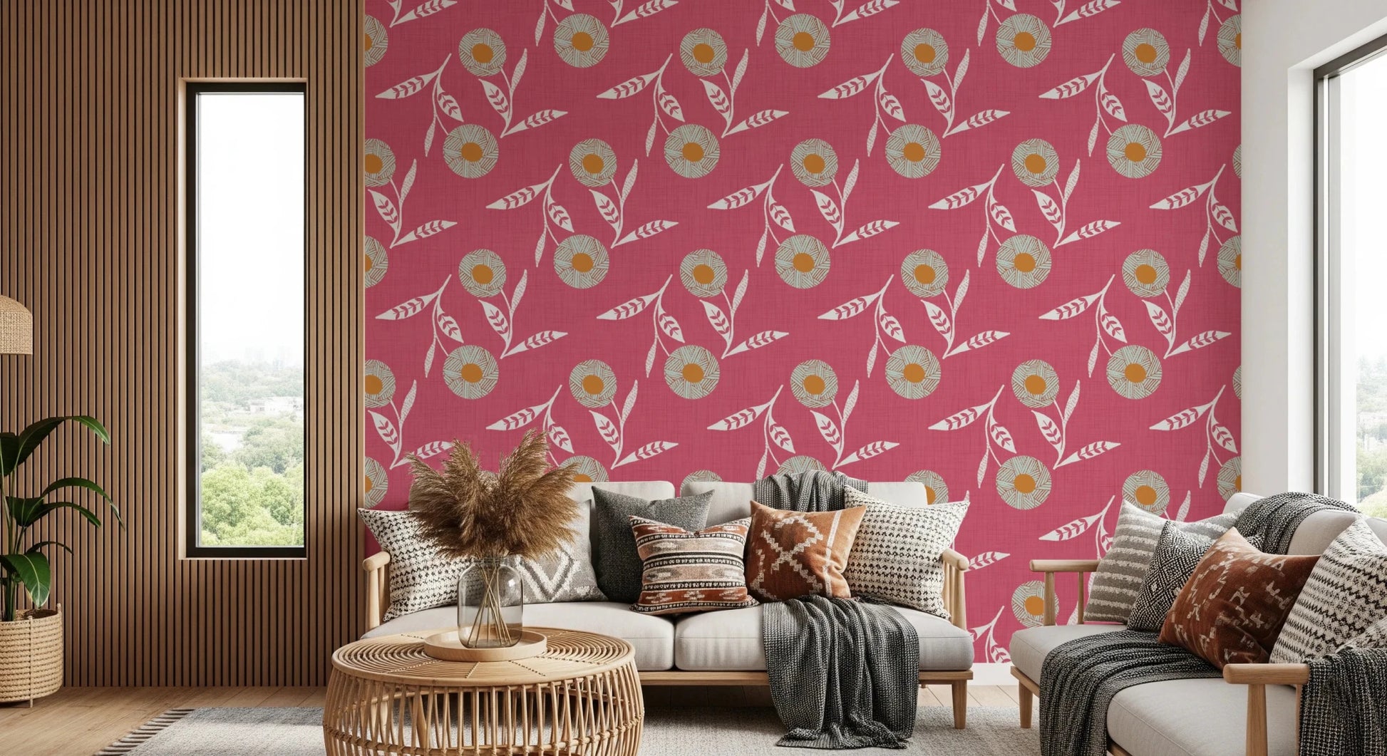Entry-side seating area lifted by rose clay florals and airy Wallpaper, GD8619