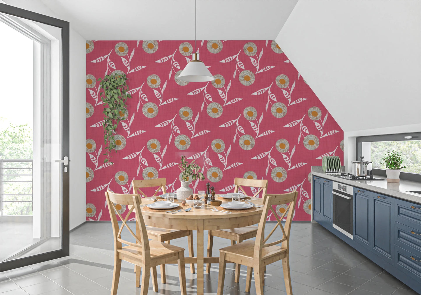 Sloped dining corner brought to life by cozy Scandi florals and clay-toned warmth, GD8619