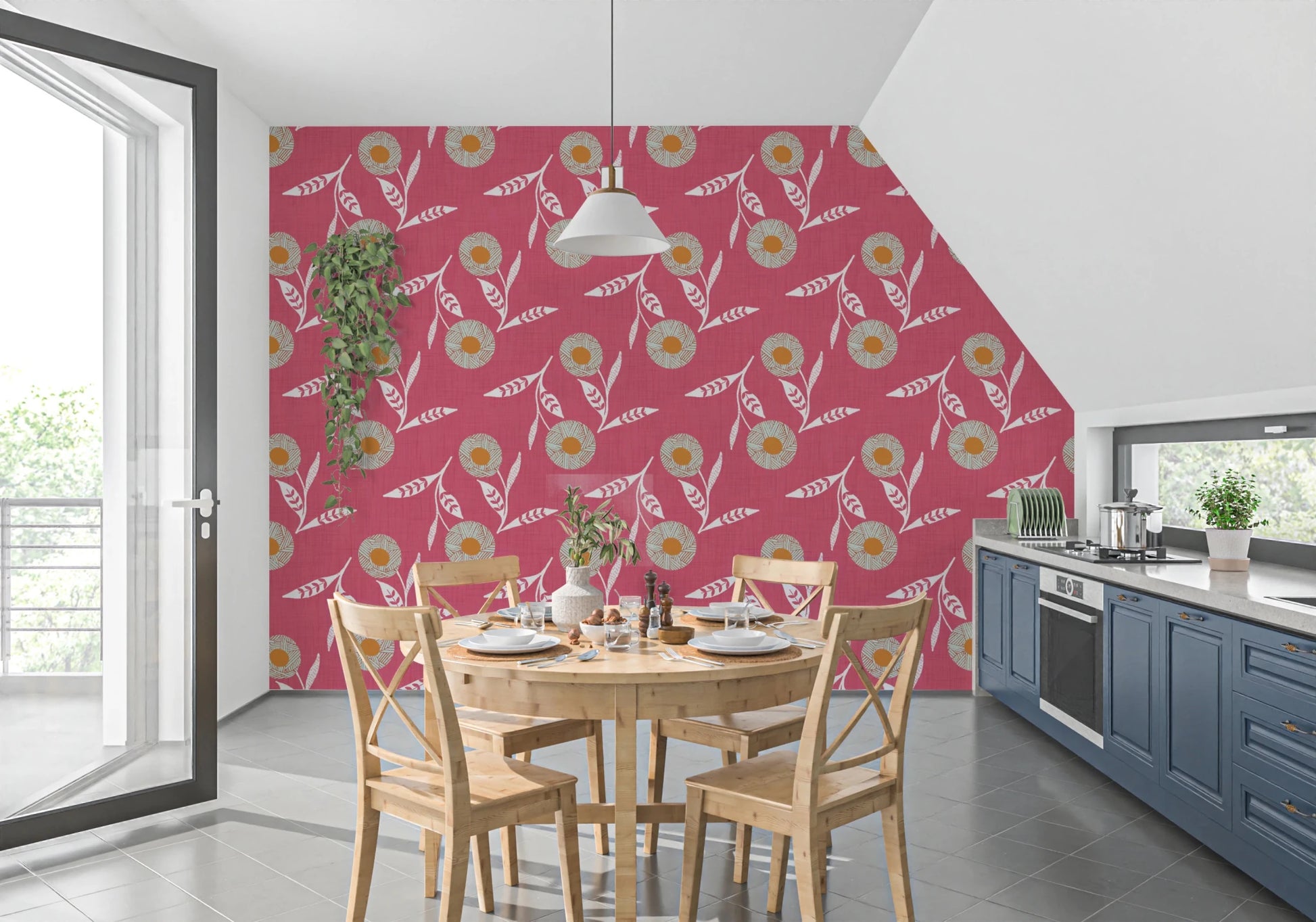 Sloped dining corner brought to life by cozy Scandi florals and clay-toned warmth, GD8619