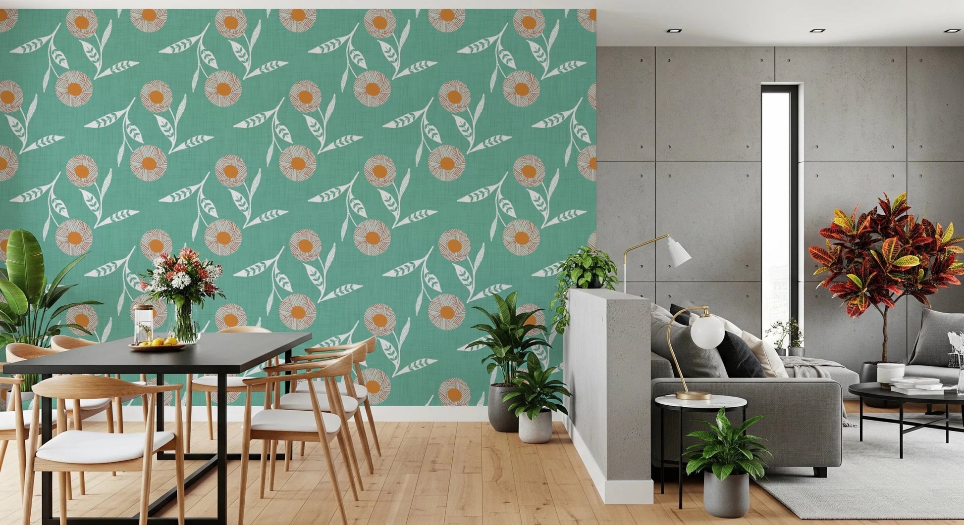 Open living area using Cozy Scandi Flower Sage Mint Craft Botanical Wallpaper
