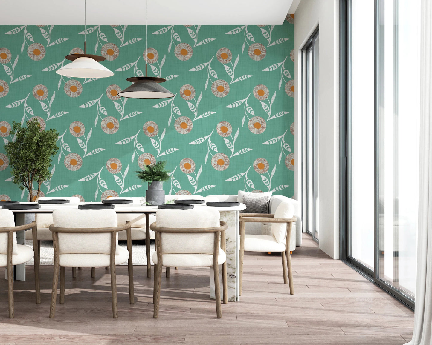 Dining space enhanced by Cozy Scandi Flower Sage Mint Craft Botanical Wallpaper