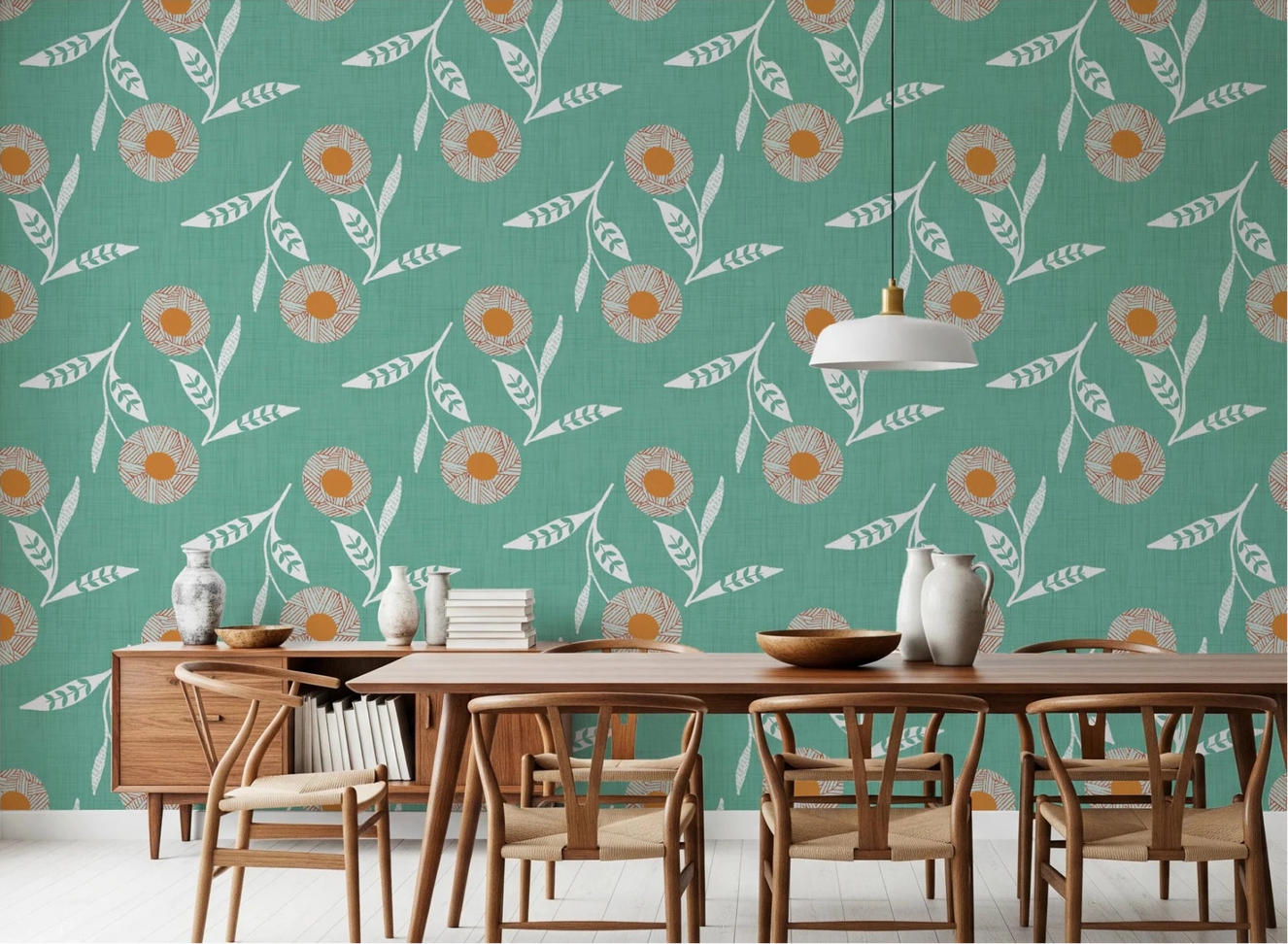 Dining room styled with Cozy Scandi Flower Sage Mint Craft Botanical Wallpaper