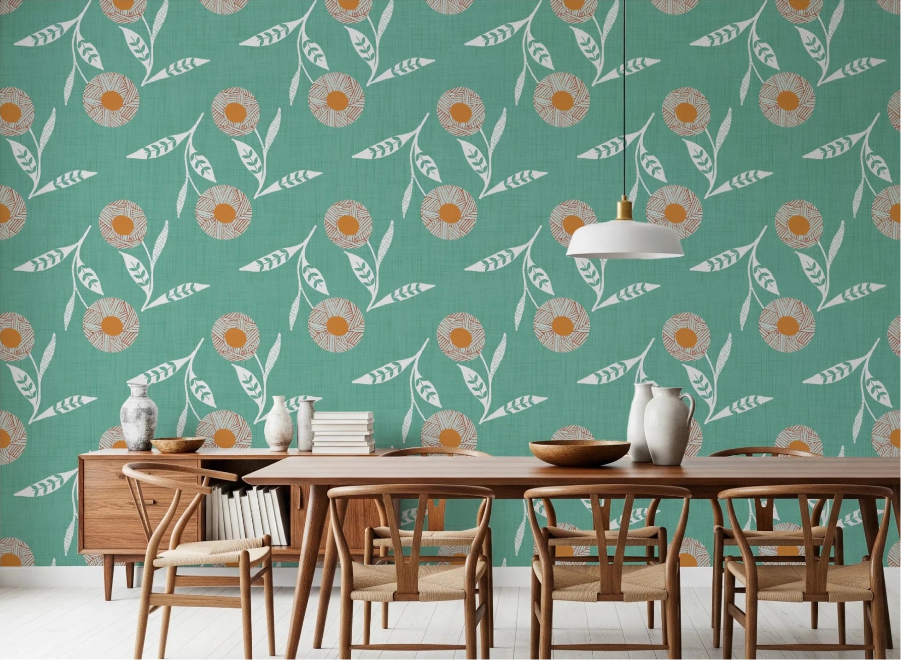 Dining room styled with Cozy Scandi Flower Sage Mint Craft Botanical Wallpaper