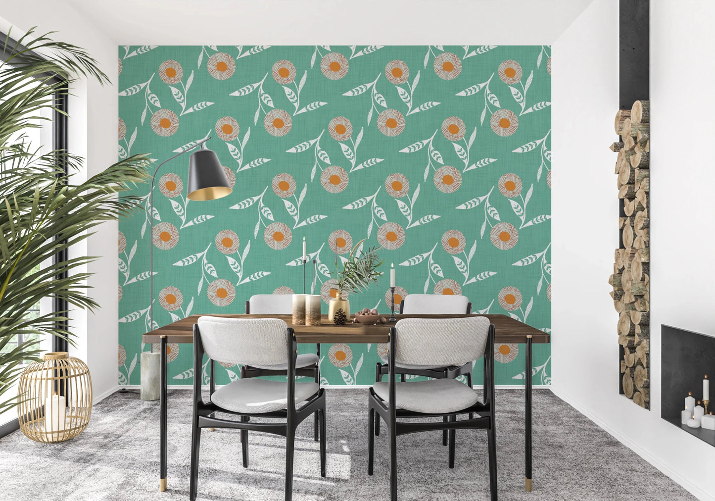 Modern dining setup featuring Cozy Scandi Flower Sage Mint Craft Botanical Wallpaper