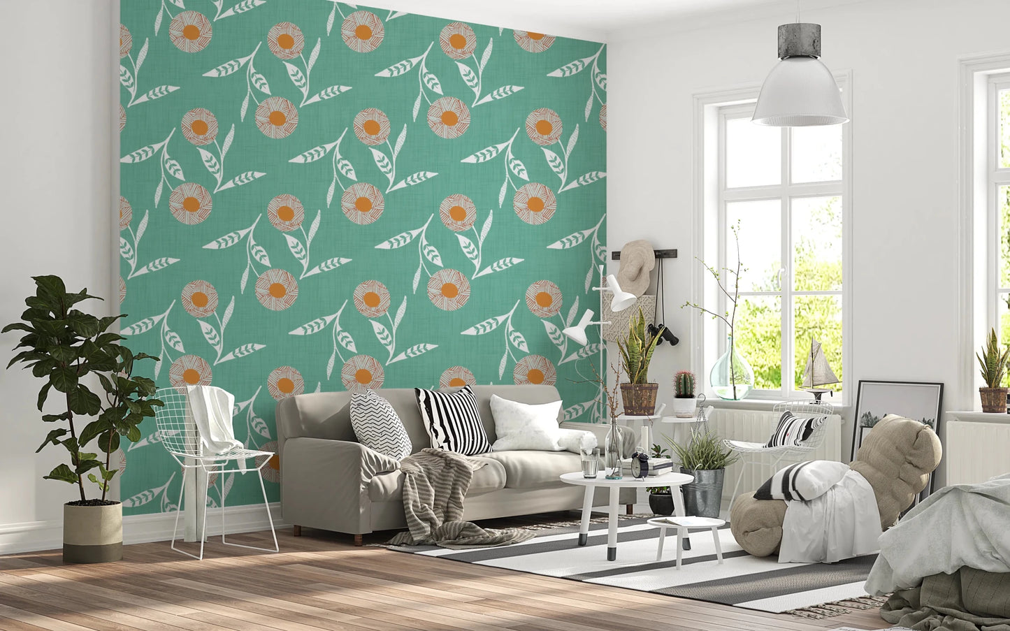 Bright living room styled with Cozy Scandi Flower Sage Mint Craft Botanical Wallpaper
