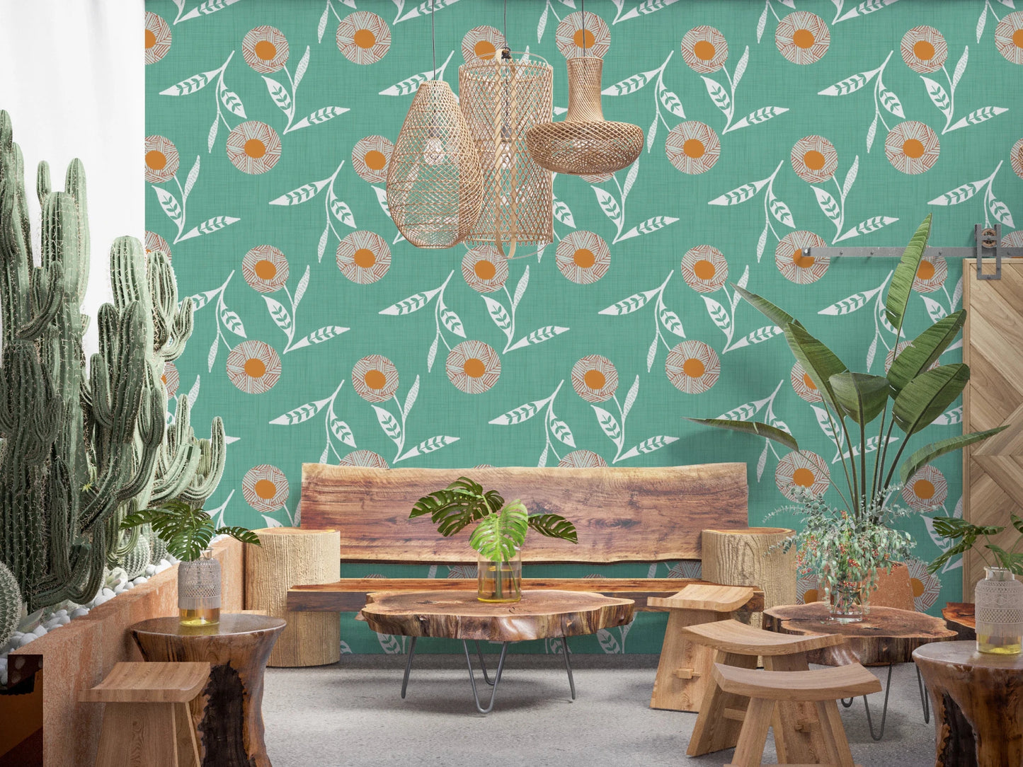 Rustic dining space featuring Cozy Scandi Flower Sage Mint Craft Botanical Wallpaper
