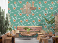 Rustic dining space featuring Cozy Scandi Flower Sage Mint Craft Botanical Wallpaper