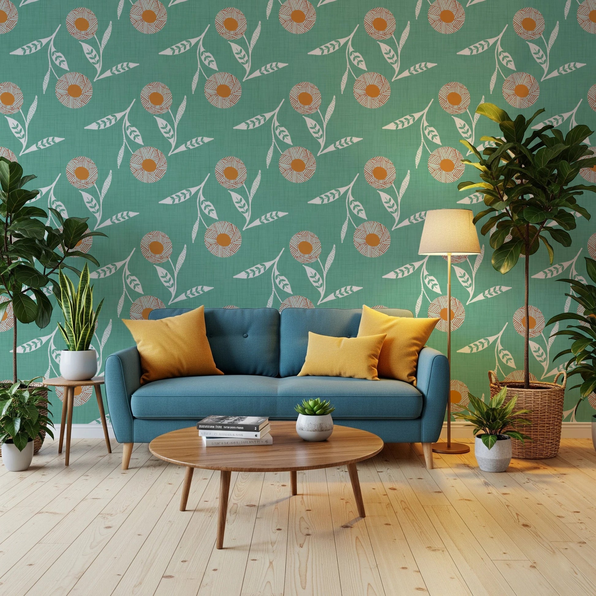 Living corner paired with Cozy Scandi Flower Sage Mint Craft Botanical Wallpaper