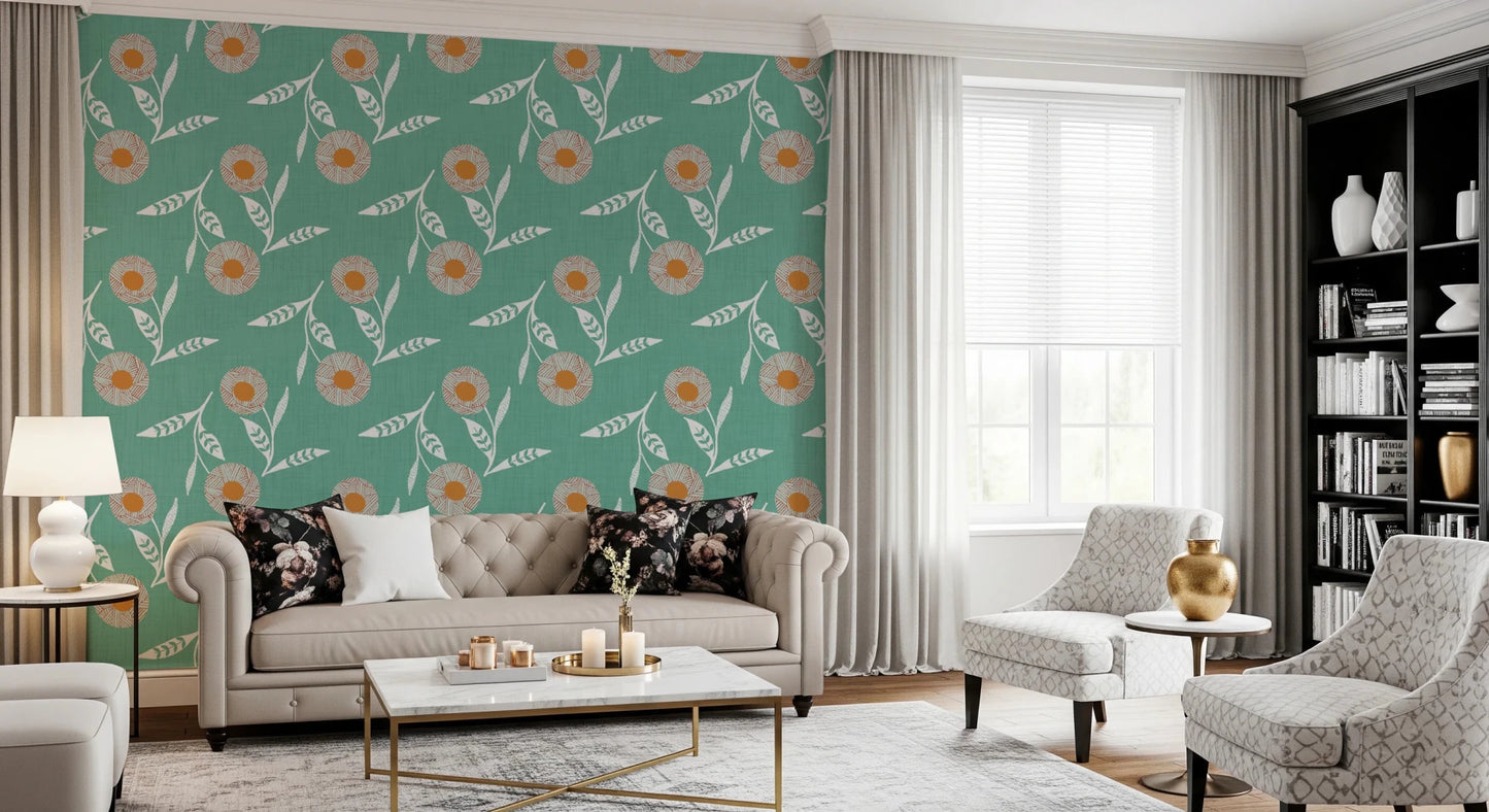 Relaxed living space using Cozy Scandi Flower Sage Mint Craft Botanical Wallpaper