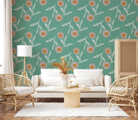 Minimal lounge framed by Cozy Scandi Flower Sage Mint Craft Botanical Wallpaper