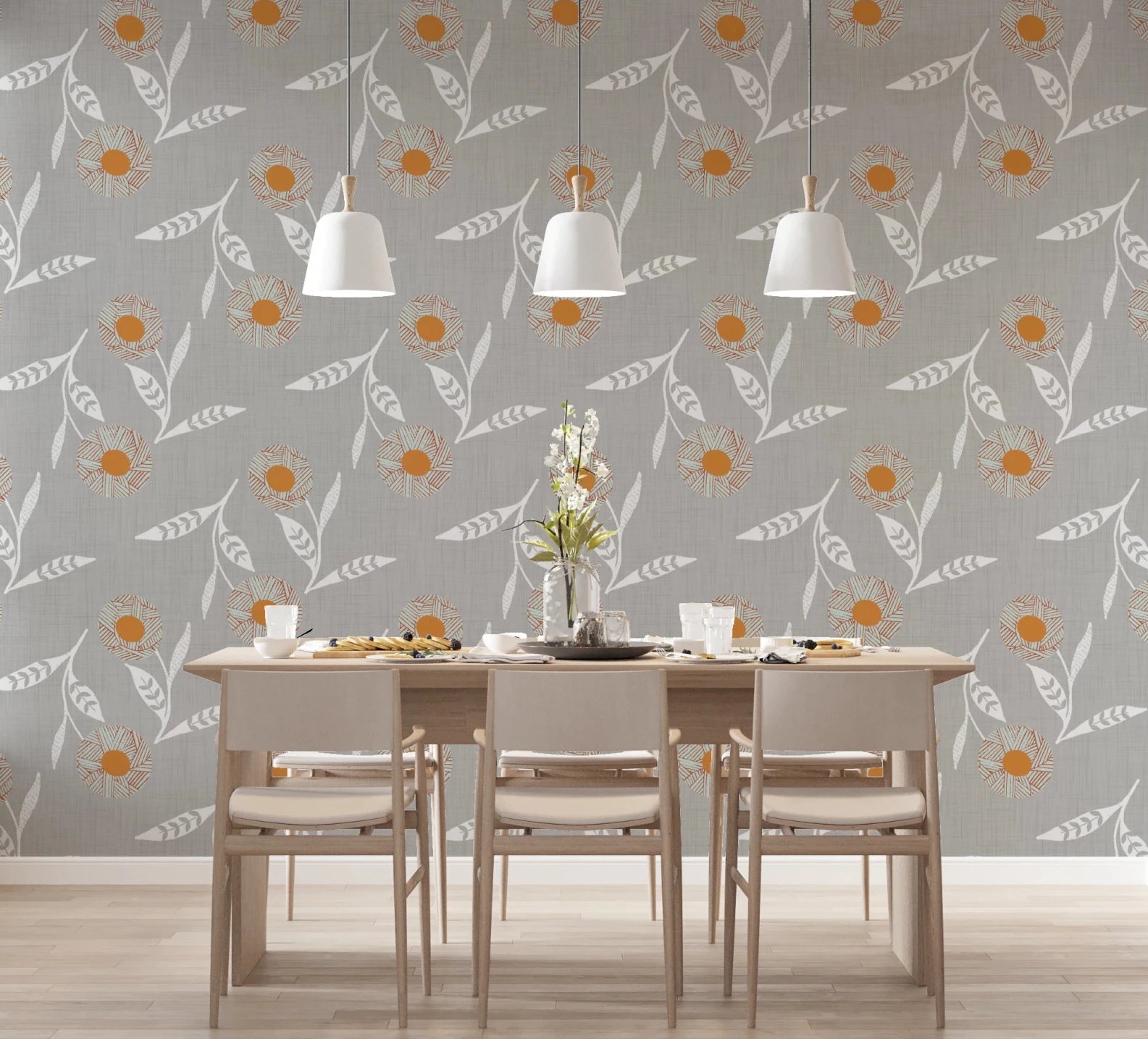 Dining room styled with Cozy Scandi Flower Warm Linen Craft Botanical Wallpaper, GD8621