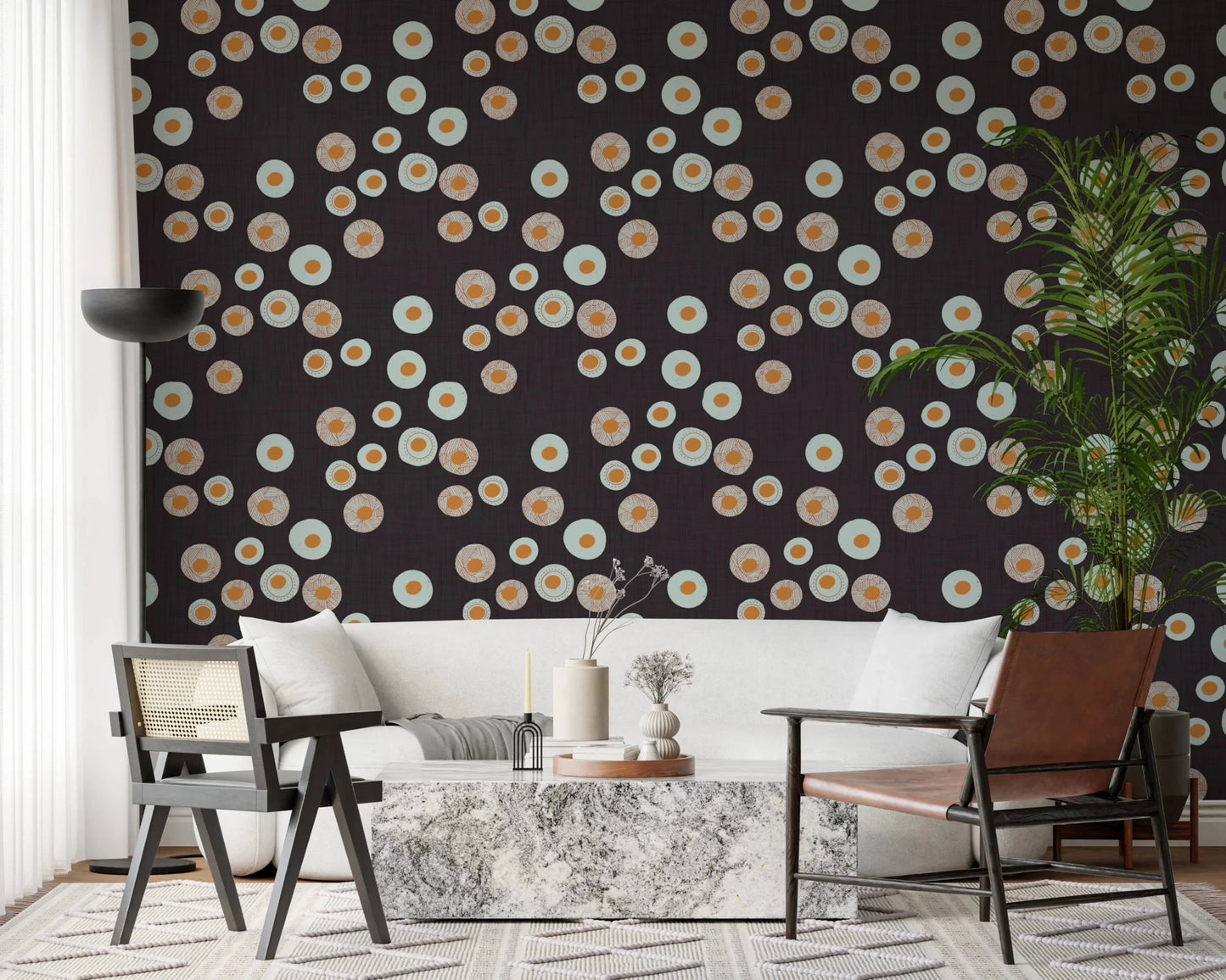 Modern apartment nook in Cozy Scandi Folk Dot Floral Charcoal Craft Circle Wallpaper, GD8609