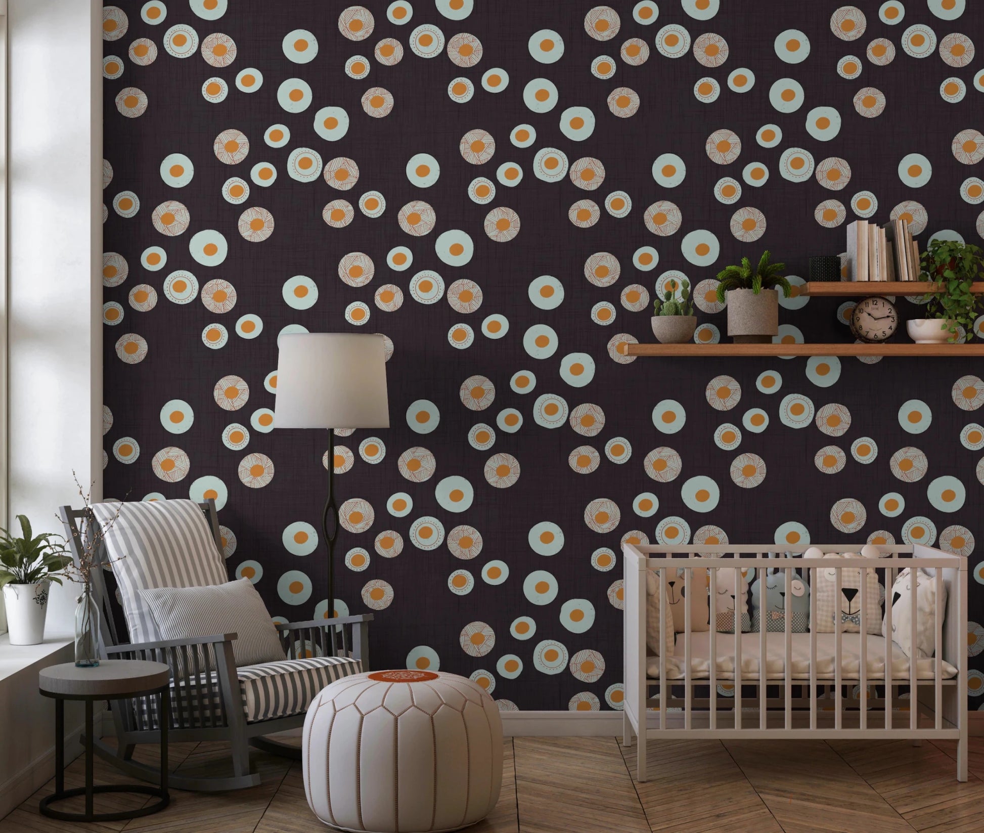 Nursery room with Cozy Scandi Folk Dot Floral Charcoal Craft Circle Wallpaper, GD8609