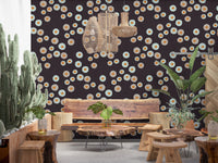 Warm lounge setup with Cozy Scandi Folk Dot Floral Charcoal Craft Circle Wallpaper, GD8609