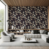 Living room featuring Cozy Scandi Folk Dot Floral Charcoal Craft Circle Wallpaper, GD8609
