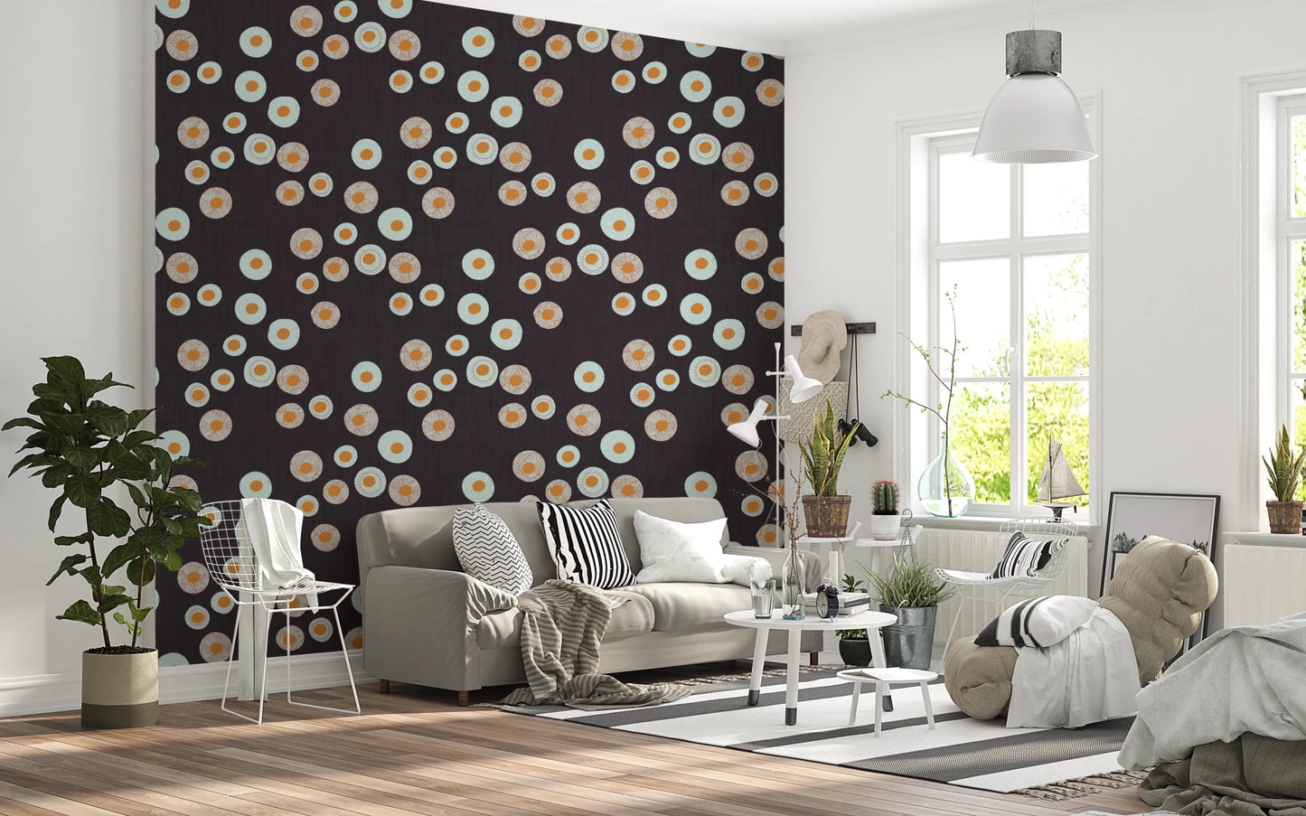 Bright sitting area framed by Cozy Scandi Folk Dot Floral Charcoal Craft Circle Wallpaper, GD8609