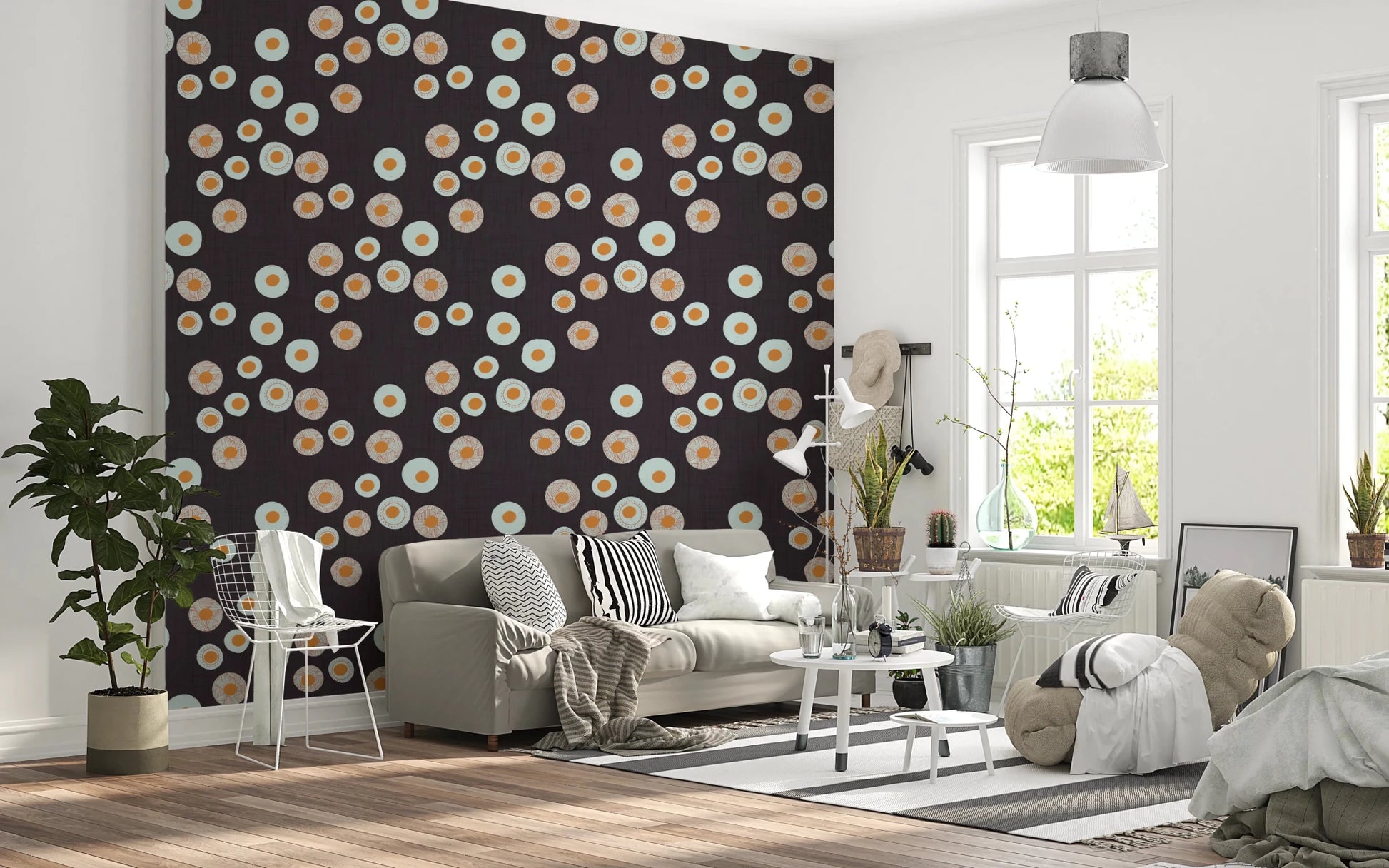 Bright sitting area framed by Cozy Scandi Folk Dot Floral Charcoal Craft Circle Wallpaper, GD8609