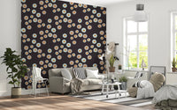 Bright sitting area framed by Cozy Scandi Folk Dot Floral Charcoal Craft Circle Wallpaper, GD8609