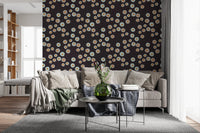 Living styled in Cozy Scandi Folk Dot Floral Charcoal Craft Circle Wallpaper, GD8609